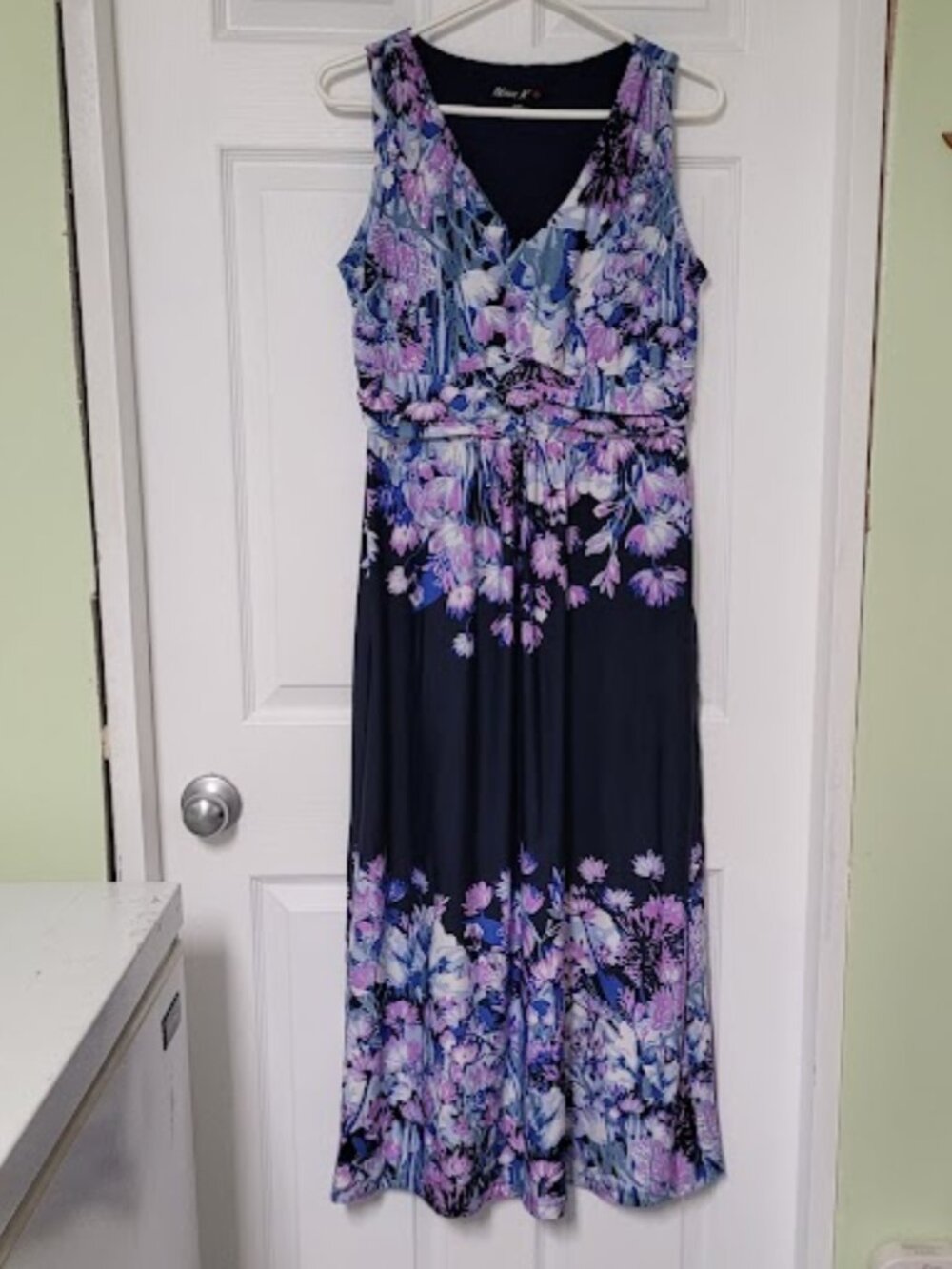 Nina K Floral Maxi Stretch Dress-Medium-Nvy Purp/blues/wh-Slimming Romantic Boho